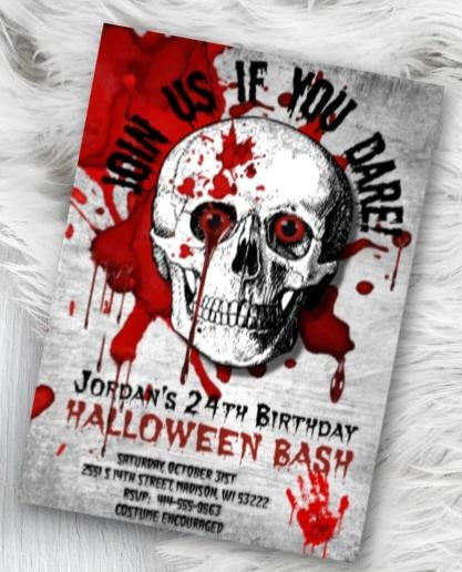 Adult Halloween Birthday Invitation  - Scary Adult Skull  Bloody Scary Halloween Party Invitation