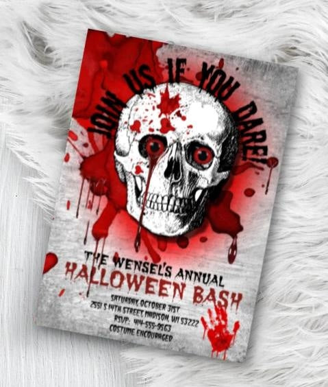 Adult Skull Halloween Invitation - Adult Skull  Bloody Scary Halloween Party Invitation