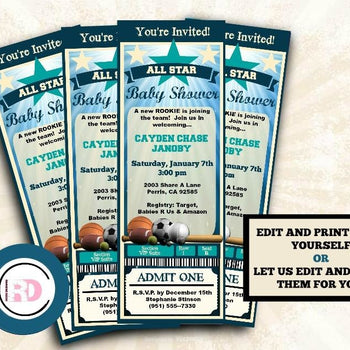 All Star Baby Shower Ticket Invitation - baseball sports Little Rookie Invitations - Digital or Printed - Baby Shower Invitation