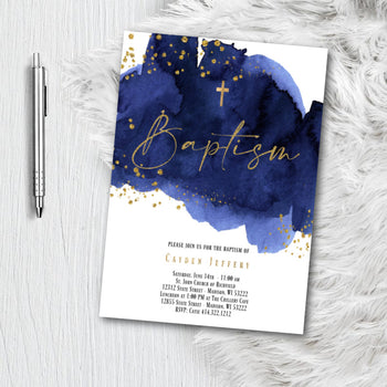 Baptism Invitation for Boy - Royal Navy Blue and Gold Watercolor splash with Glitter Confetti - Printed or Printable Invites