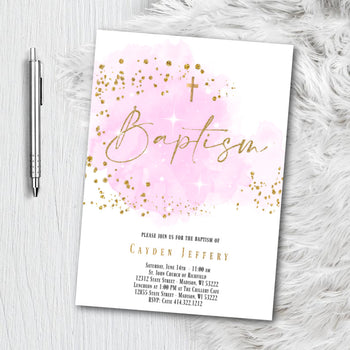 Baptism Invitation for Boy or Girl - Blue or Pink and Gold Watercolor splash with Glitter Confetti - Printed or Printable Invites