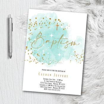 Baptism Invitation for Boy - Blue or Green and Gold Watercolor splash with Glitter Confetti - Printed or Printable Invites