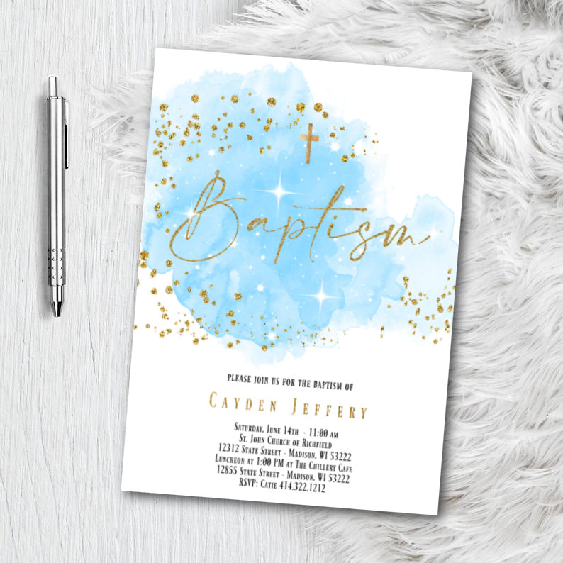 Baptism Invitation for Boy - Royal Navy Blue and Gold Watercolor splash with Glitter Confetti - Printed or Printable Invites