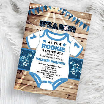 Baseball Baby Shower Invitation - Sports Onesie Navy Blue Invite Flyer - Little Rookie - for boy - Baby Shower Invitation