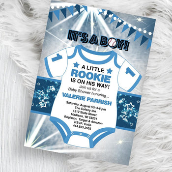 Baseball Baby Shower Invitation - Sports Onesie Silver and Blue Invite Flyer - Little Rookie - for boy - Baby Shower Invitation