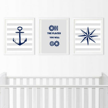 Blue and Gray Nautical Wall Art - 3 Piece Anchor Prints - Bedroom Pictures