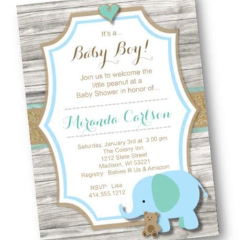 Blue Elephant Baby Shower Invitation for Boy or Gender Nuetral - Baby Shower Invitation