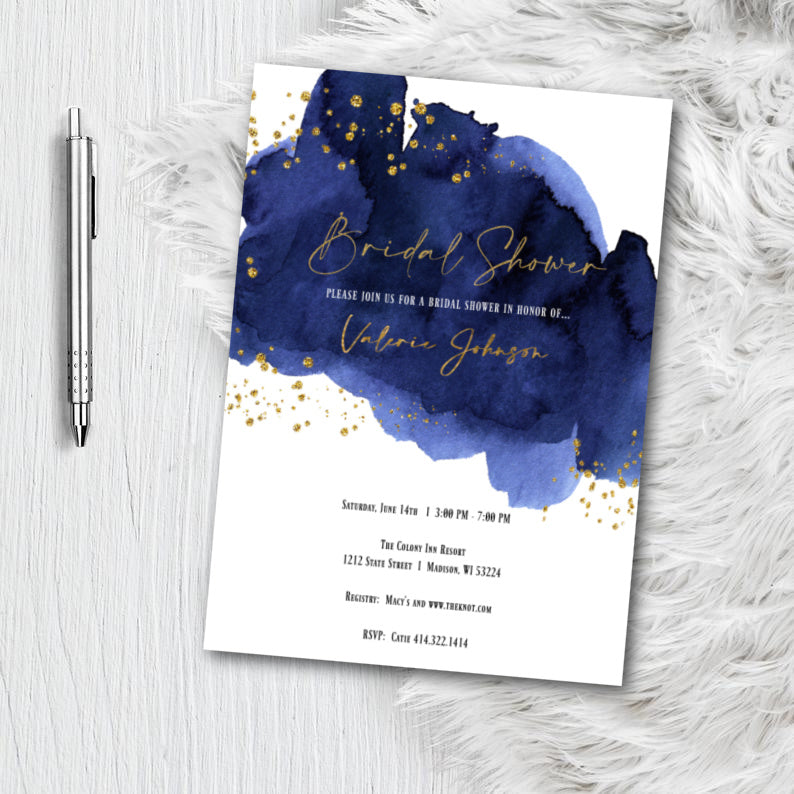 Navy Blue and Gold Watercolor Bridal Shower Invitation - Printed or Printable - Glitter Hen Party Invite Wedding Bride Invitation Invites