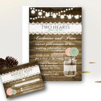 Blush and Sage Wedding Invitation Set with RSVP, Rustic Mason Jar, Floral Wood and Lace Country Barn Pink Blush and Sage Mint Green Printed Invitations