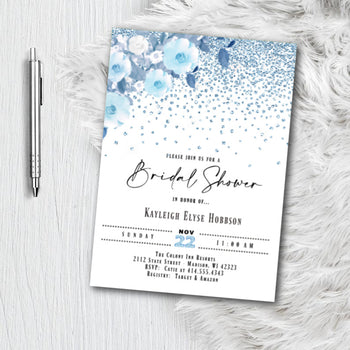 Dusty Blue Bridal Shower Invitation - Printed or Printable Floral Glitter Navy Bridal Shower Invites