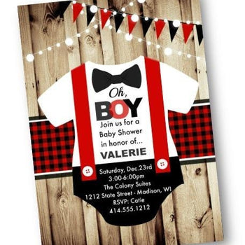 Buffalo Plaid Baby Shower Invitation - Buffalo Plaid Red and Black Oh Boy Little Man Onesie Baby Shower Invitation Flyer with bowtie - Baby