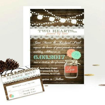 Coral and Mint Rustic Mason Jar Rustic Wedding Invitation with RSVP - Wedding Suite