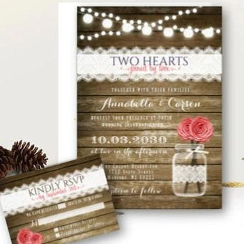 Coral Wedding Invitation Set with RSVP Rustic Mason Jar Floral Wood and Lace Country Barn Printed Invitations - Wedding Suite