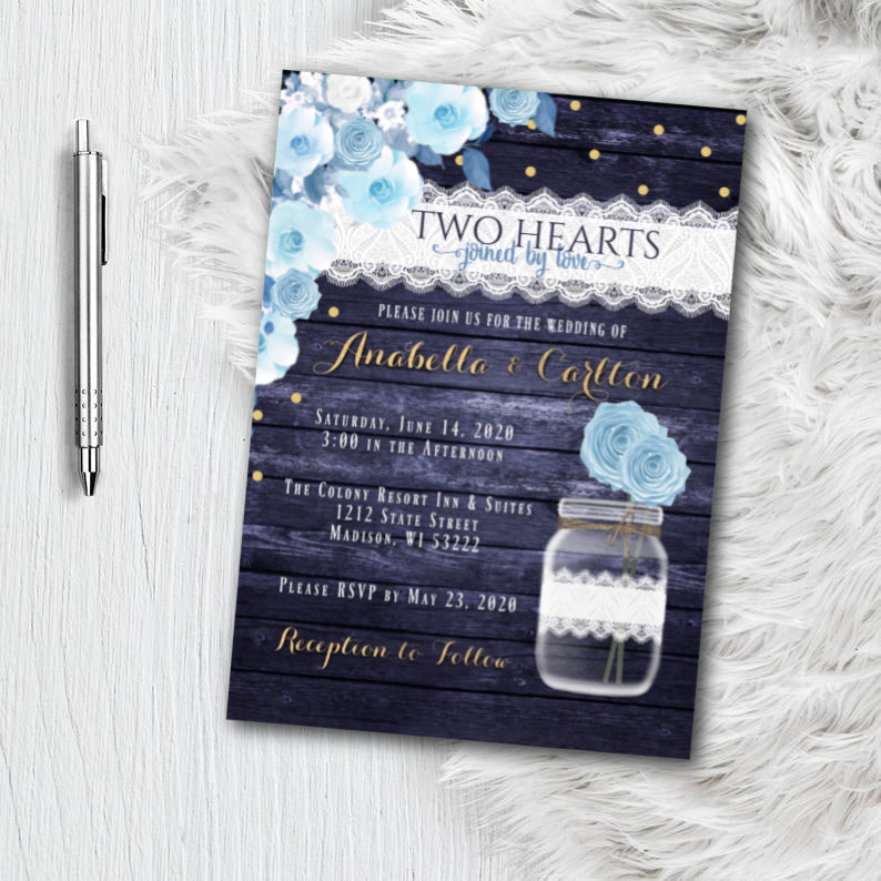 Dusty Blue Wedding Invitation with RSVP suite, Navy Blue and Yellow with Gold Wedding Invitation Set, Mason Jar Themed Wedding, printed or printable