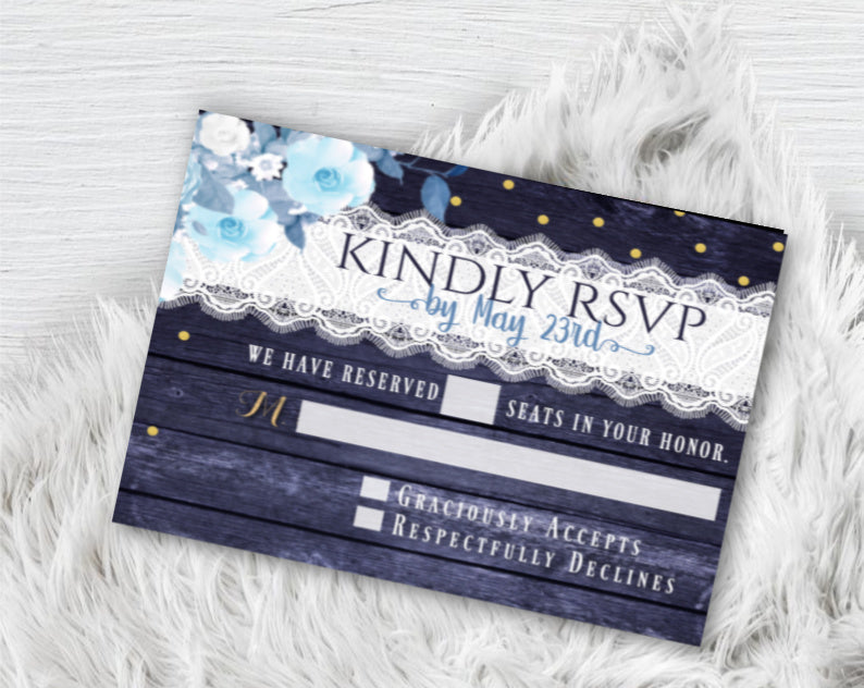 Dusty Blue Wedding Invitation with RSVP suite, Navy Blue and Yellow with Gold Wedding Invitation Set, Mason Jar Themed Wedding, printed or printable