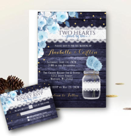 Dusty Blue Wedding Invitation with RSVP suite, Navy Blue and Yellow with Gold Wedding Invitation Set, Mason Jar Themed Wedding, printed or printable
