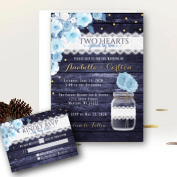 Dusty Blue Wedding Invitation with RSVP suite, Navy Blue and Yellow with Gold Wedding Invitation Set, Mason Jar Themed Wedding, printed or printable