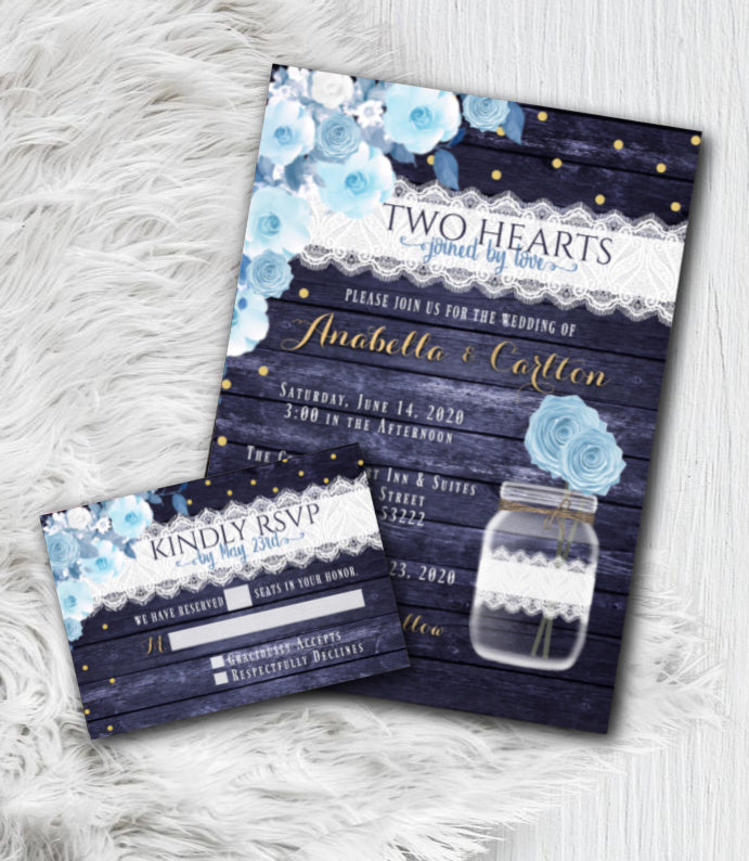 Dusty Blue Wedding Invitation with RSVP suite, Navy Blue and Yellow with Gold Wedding Invitation Set, Mason Jar Themed Wedding, printed or printable