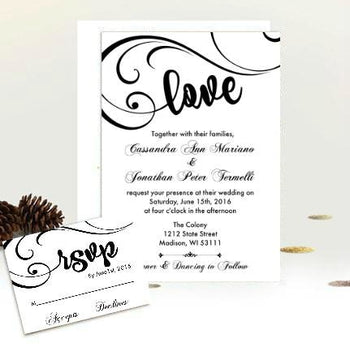 Elegant Script Love Wedding Invitation Suite - Classic Black and White Swirly Invite with RSVP insert - Wedding Suite