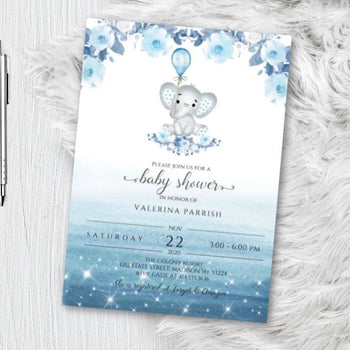 Elephant Baby Shower Invitation for boy - Blue watercolor woodland animal theme shower invites flyer - Printed or Printable - Baby Shower