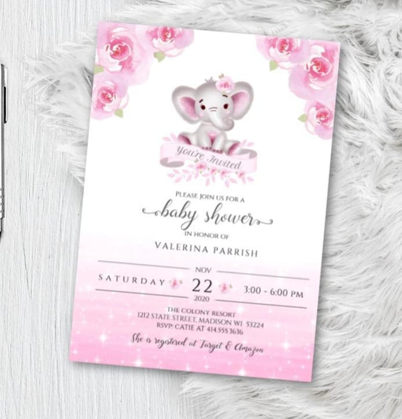 Elephant Baby Shower Invitation for Girl Pink and Gray Floral watercolor  woodland animal theme shower invites flyer Printed or Printable