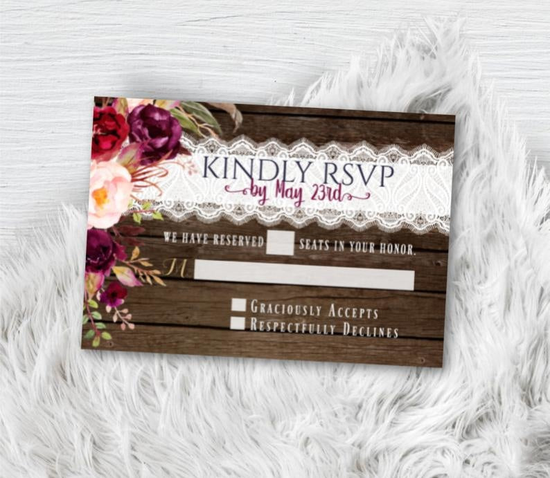 Fall Wedding Invitation Set with RSVP,  Rustic Burgundy Floral Fall Wedding Invites Suite Gold Script Printed or Printable