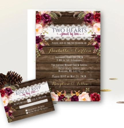 Fall Wedding Invitation Set with RSVP,  Rustic Burgundy Floral Fall Wedding Invites Suite Gold Script Printed or Printable