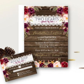 Fall Wedding Invitation Set with RSVP Rustic Burgundy Floral Fall Wedding Invites Suite Gold Script Printed or Printable - Wedding Suite