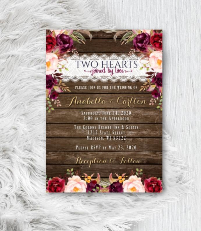 Fall Wedding Invitation Set with RSVP,  Rustic Burgundy Floral Fall Wedding Invites Suite Gold Script Printed or Printable