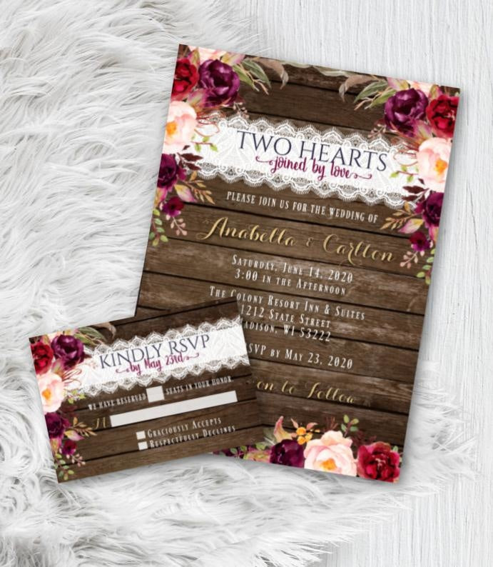 Fall Wedding Invitation Set with RSVP,  Rustic Burgundy Floral Fall Wedding Invites Suite Gold Script Printed or Printable