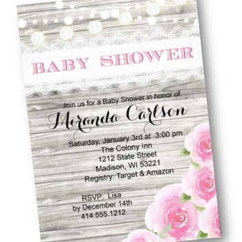 Floral Baby Shower Invitation for Girl Flyer Rustic pink and grey Lace and Roses - Baby Shower Invitation