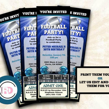 Football Party Ticket Invitation - Blue and Silver Sports Invitations - Digital or Printed - Birthday Invitation