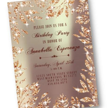 Gold Birthday Invitation - Rose Gold Leaf Sparkly Sweet 16 or ANY Age party invite - glitter digital printable or printed - Birthday