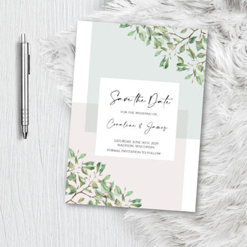 Greenery Botanical Save the Date Invitation Announcement Engagement card sage- blush pink - dusty rose -Invite