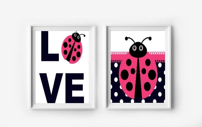 Hot Pink Ladybug Wall Art Prints - Set of 2 - Girls Bedroom Pictures