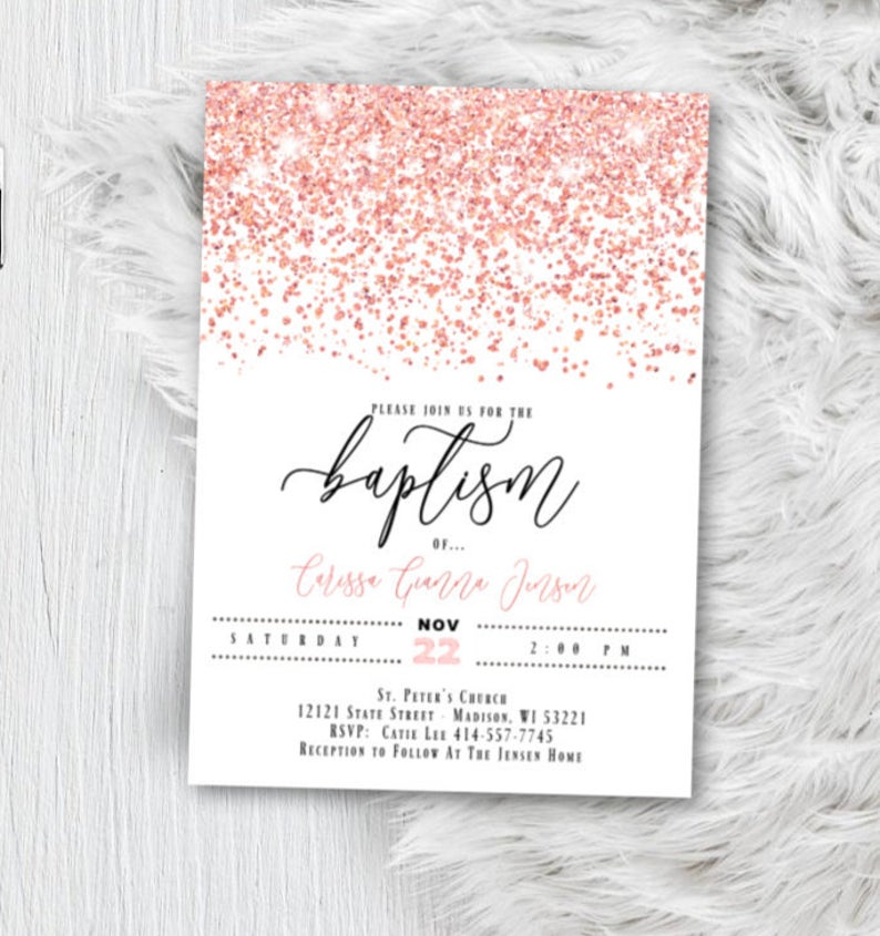 Baptism Invitation for Boy or Girl - Blue or Pink and Gold Glitter Confetti Christening Invites - Printed or Printable Invites