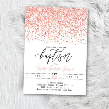 Baptism Invitation for Boy or Girl - Blue or Pink and Gold Glitter Confetti Christening Invites - Printed or Printable Invites
