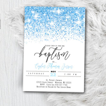 Baptism Invitation for Boy or Girl - Blue or Pink and Gold Glitter Confetti Christening Invites - Printed or Printable Invites