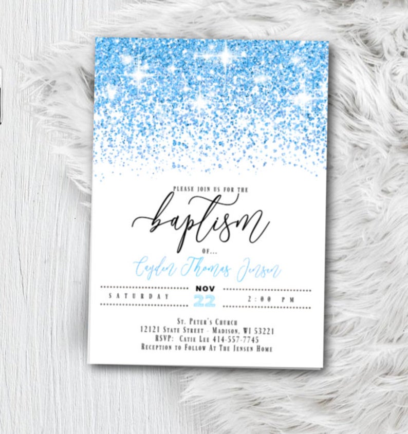 Baptism Invitation for Boy or Girl - Blue or Pink and Gold Glitter Confetti Christening Invites - Printed or Printable Invites