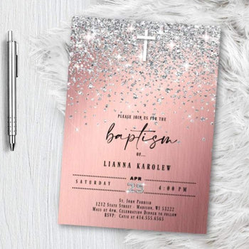 Baptism Invitation for Boy or Girl - Blue or Pink and Gold Glitter Confetti Christening Invites - Printed or Printable Invites