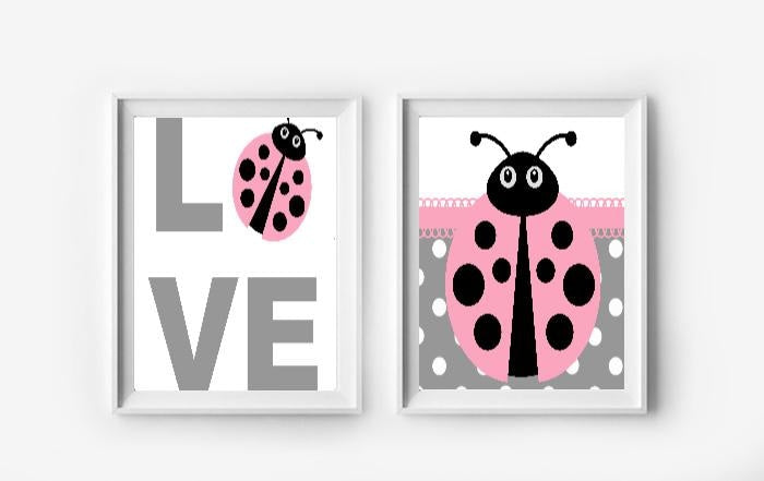 Ladybug Wall Art Prints - Set of 2 - Girls Bedroom Pictures