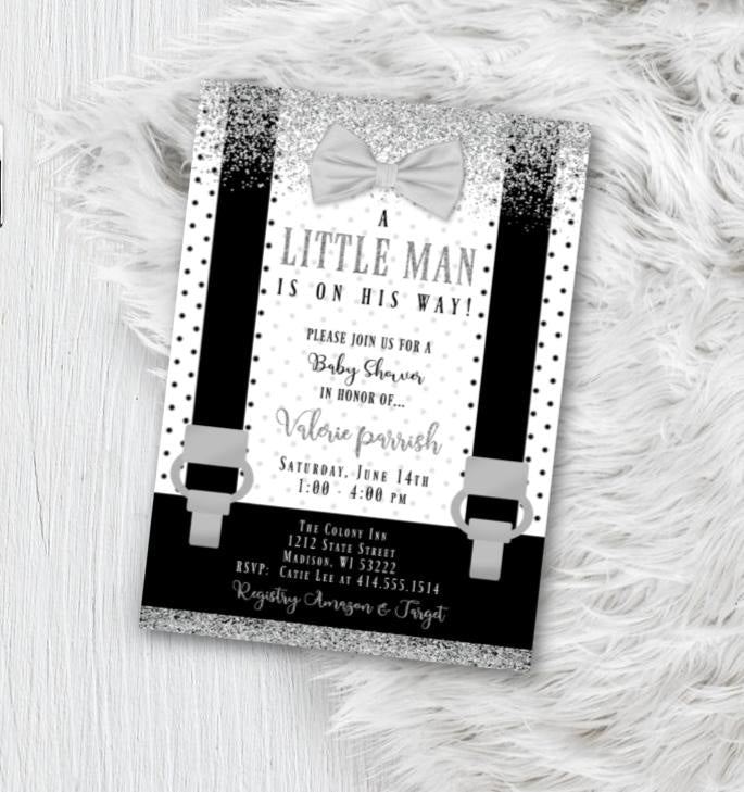 Little Man Baby Shower Invitation - Black and White with Silver baby shower Lil Man Boy Onesie Bowtie invite flyer for boys