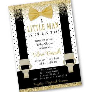 Little Man Baby Shower Invitation - Black and White with Silver baby shower Lil Man Boy Onesie Bowtie invite flyer for boys - Baby Shower