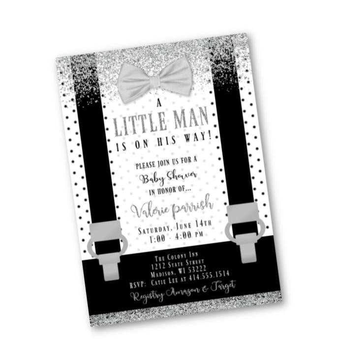Little Man Baby Shower Invitation - Black and White with Silver baby shower Lil Man Boy Onesie Bowtie invite flyer for boys