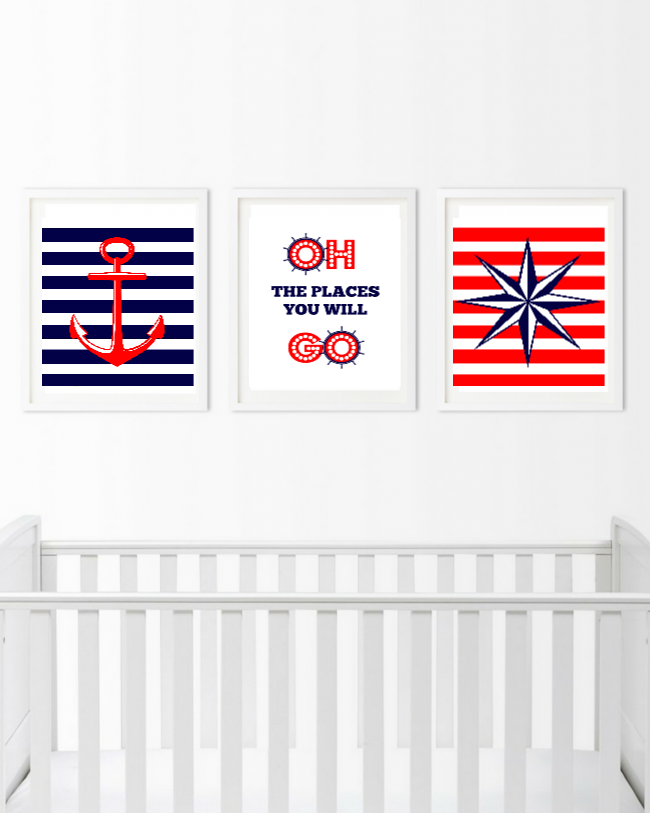 Nautical Wall Art - 3 Piece Anchor Prints - Bedroom Pictures