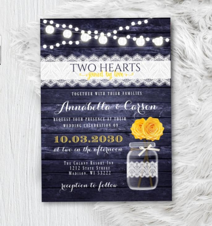Navy and Yellow Wedding Invitation Set with RSVP, Rustic Mason Jar, Floral Wood and Lace Country Barn Printed Invitations