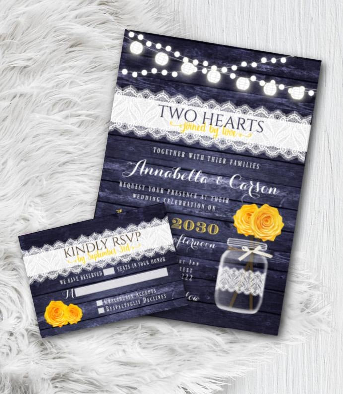 Navy and Yellow Wedding Invitation Set with RSVP, Rustic Mason Jar, Floral Wood and Lace Country Barn Printed Invitations