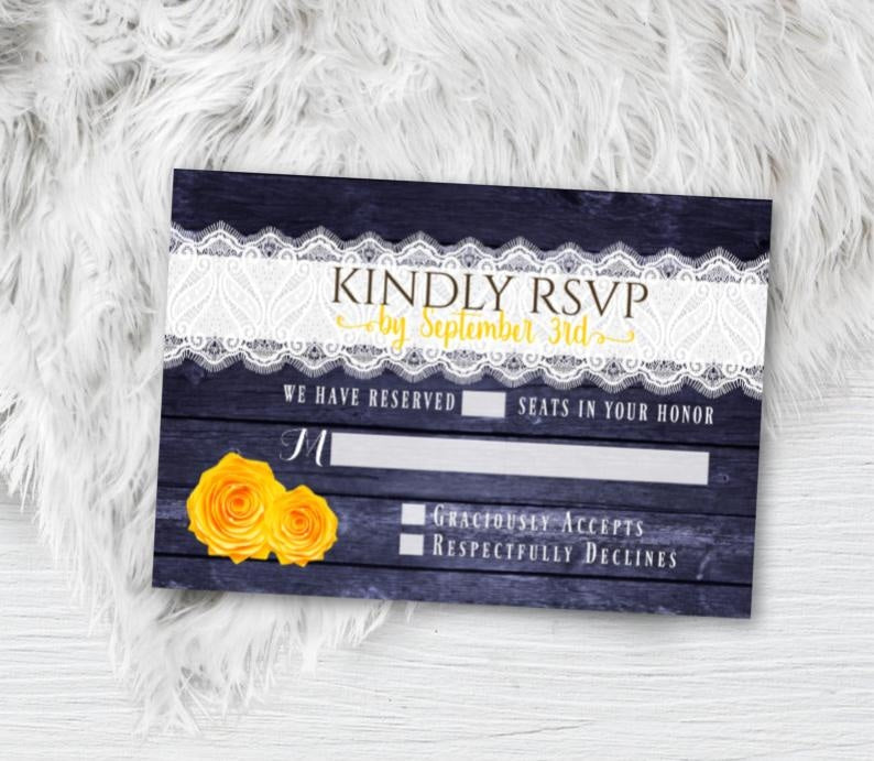 Navy and Yellow Wedding Invitation Set with RSVP, Rustic Mason Jar, Floral Wood and Lace Country Barn Printed Invitations