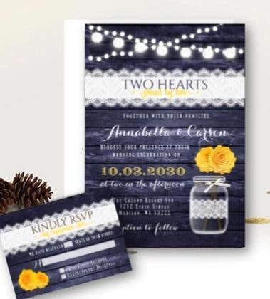 Navy and Yellow Wedding Invitation Set with RSVP, Rustic Mason Jar, Floral Wood and Lace Country Barn Printed Invitations
