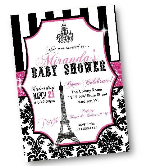 Paris Baby Shower Invitation flyer with pink and black damask eiffel tower Parisian themed invites Printed or Printable